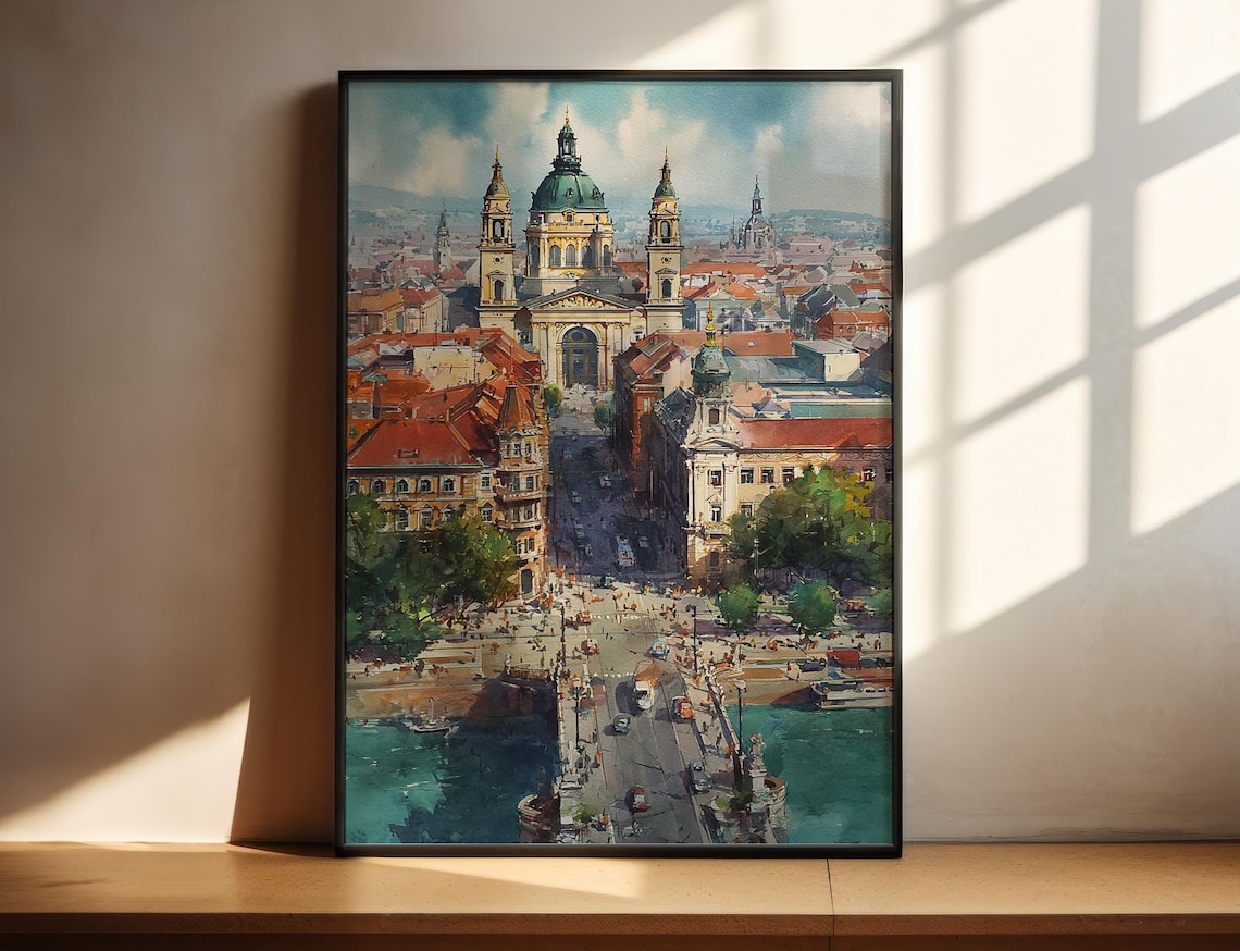 Grand European Basilica Overlooking River Bridge Watercolor Poster