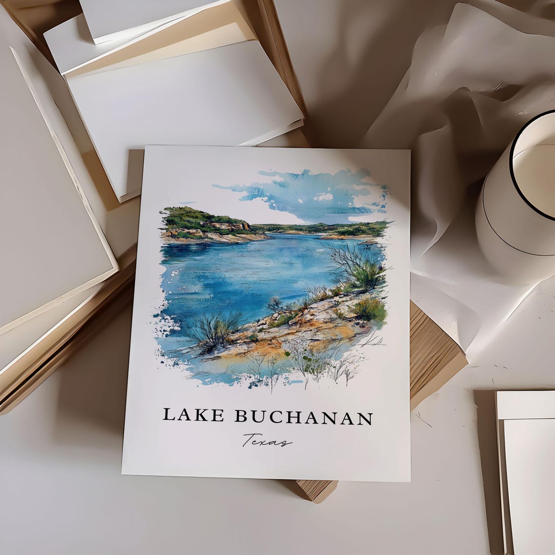 Lake Buchanan Texas Watercolor Rocky Lake Shore Scene Poster - Image 6