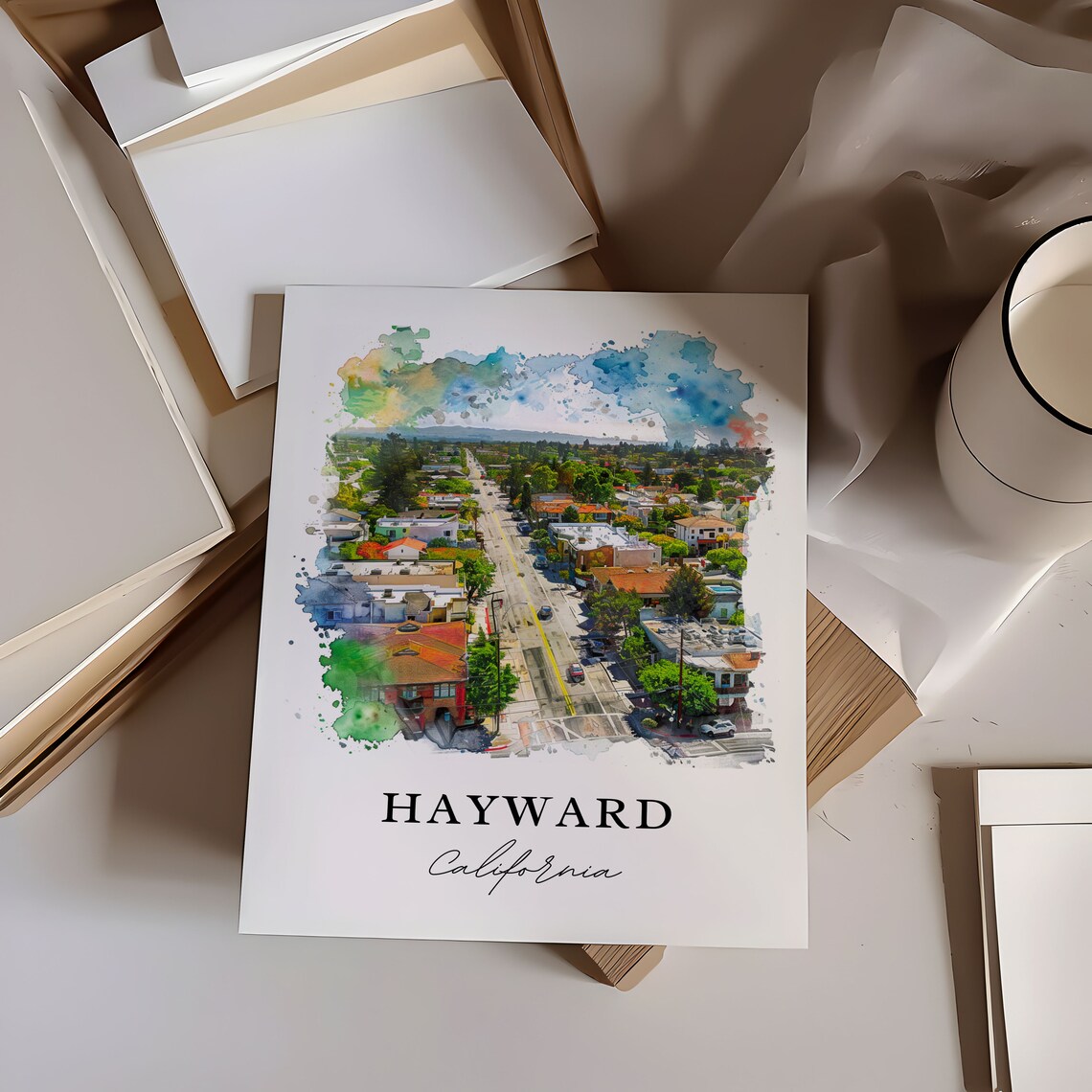 Hayward California City Aerial Street Watercolor Travel Poster - Image 6