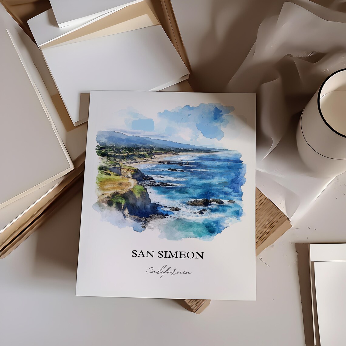 San Simeon California Rugged Coastline Watercolor Travel Poster - Image 3