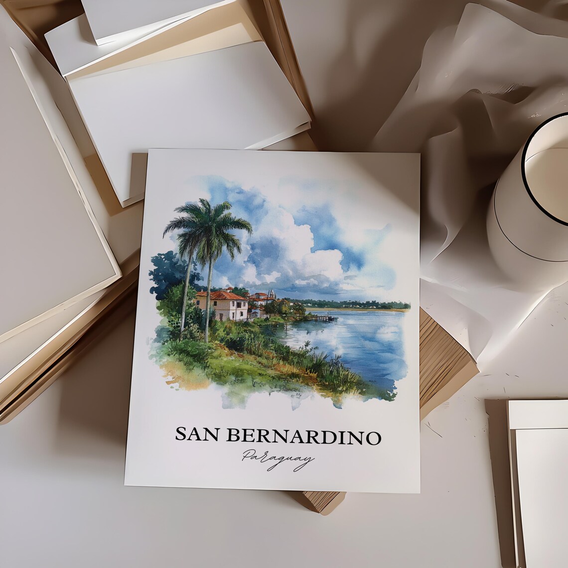 San Bernardino Paraguay Watercolor Lakeside Palms Retreat Poster - Image 4