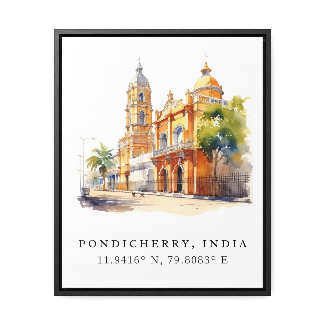 Pondicherry India Coordinates Colonial Church Watercolor Travel Poster - Image 2