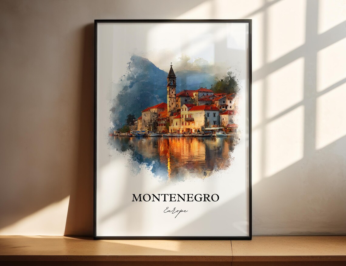 Montenegro Bay Town Red Roofs Watercolor Europe Travel Poster