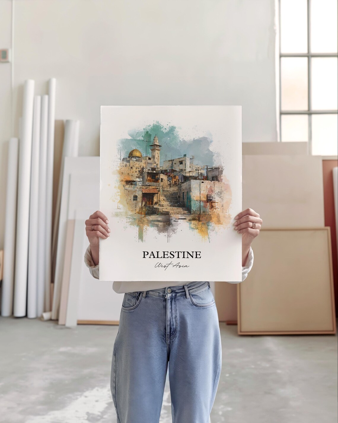 Palestine West Asia Watercolor Old Stone Street Dome Travel Poster - Image 5
