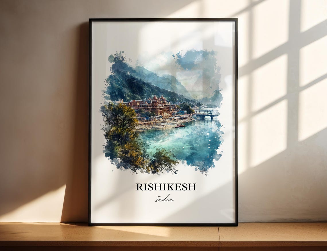 Rishikesh India Watercolor Riverside Temples Ganges River Poster