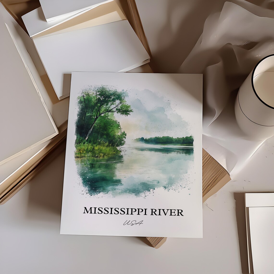 Mississippi River USA Lush Green Banks Watercolor Nature Poster - Image 2