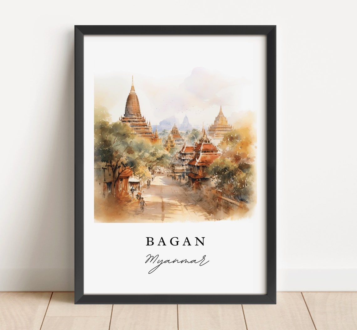 Bagan Myanmar Watercolor Art Ancient Temple Plains Stupas Poster