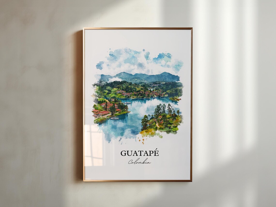 Guatape Colombia Blue Lake Mountain Town Watercolor Travel Poster - Image 2
