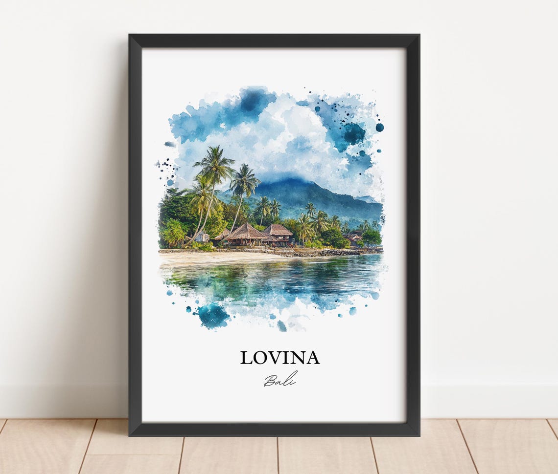 Lovina Bali Watercolor Palm Beach Mountain Bay Sunset Poster - Image 3