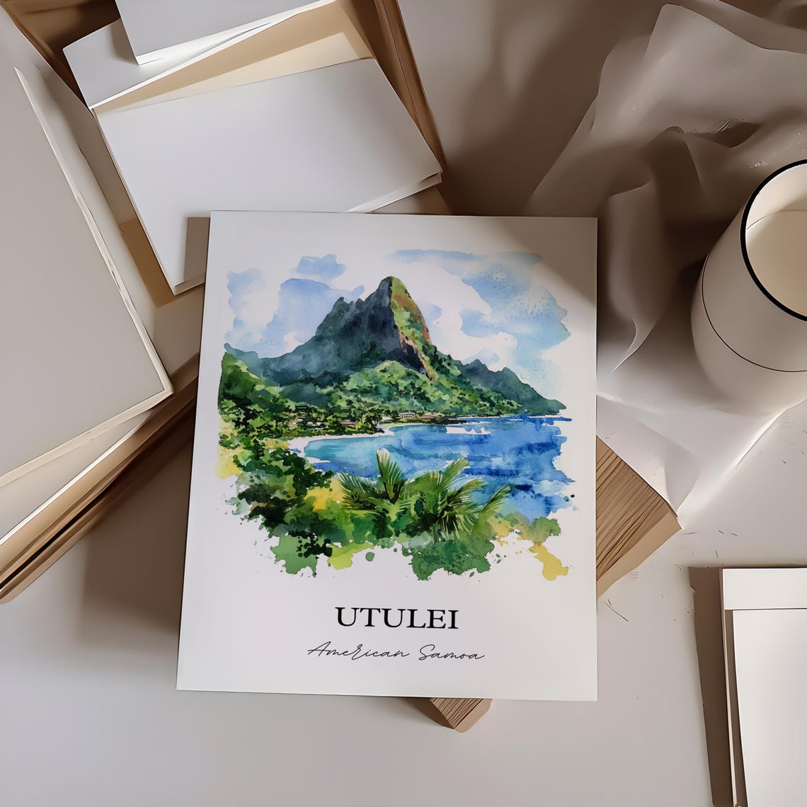 Utulei American Samoa Twin Peaks Bay Coastal Watercolor Poster - Image 4
