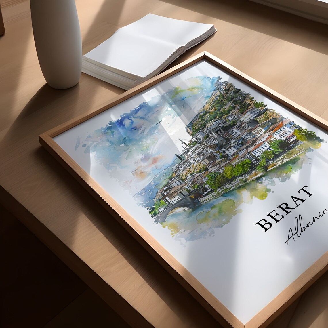 Berat Albania Riverside Old Town Historic Watercolor Travel Poster - Image 5