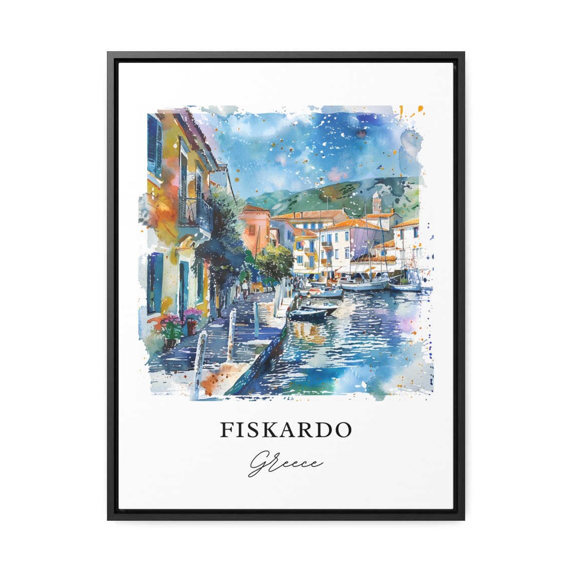 Fiskardo Greece Colorful Harbor Street Watercolor Travel Poster - Image 3