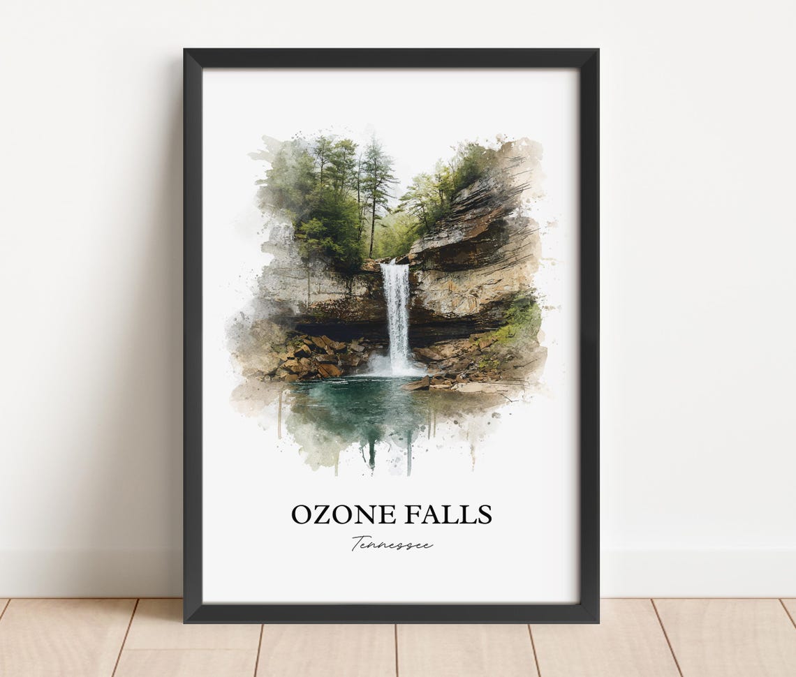 Ozone Falls Tennessee Teal Pool Plunge Cascade Watercolor Poster - Image 4