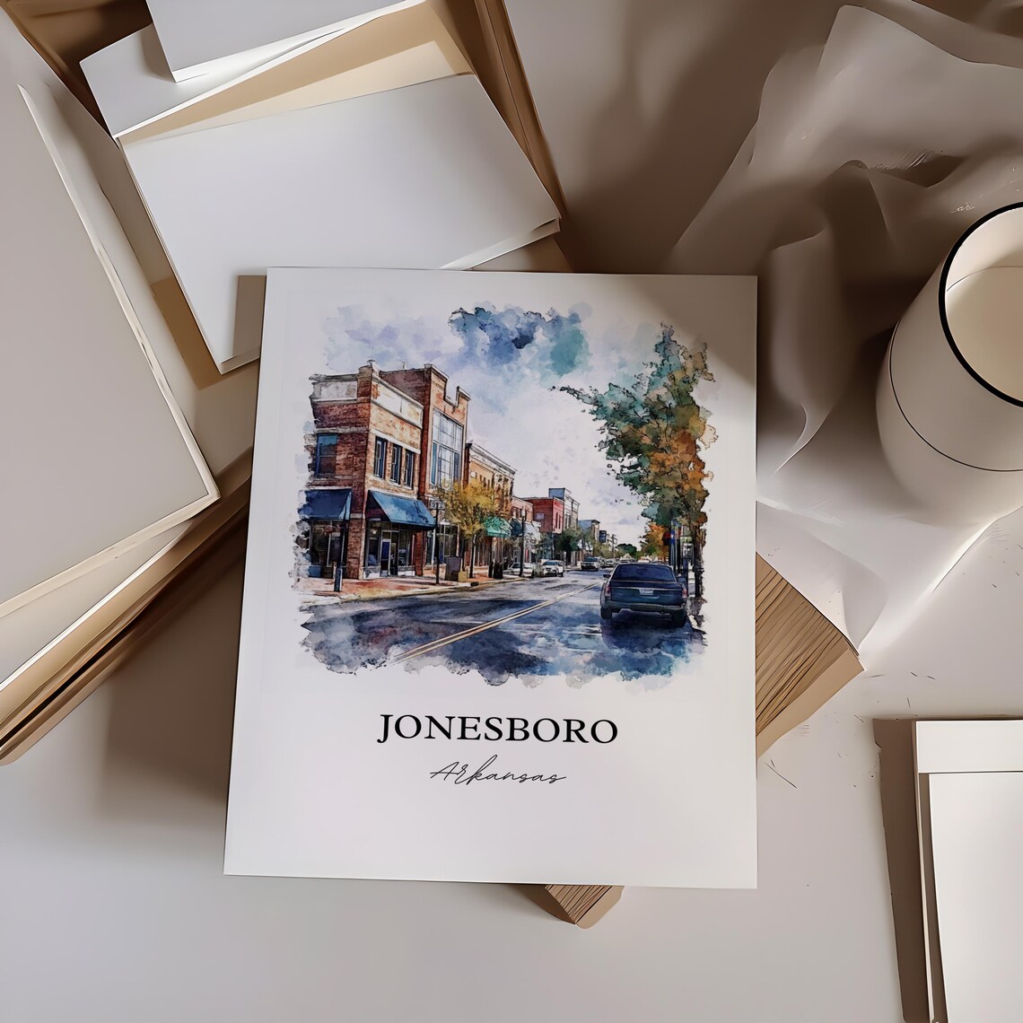 Jonesboro Arkansas Brick Storefront Street Watercolor Travel Poster - Image 2