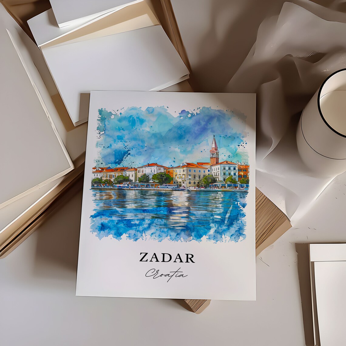 Zadar Croatia Sunlit Waterfront Old Town Watercolor Travel Poster - Image 6