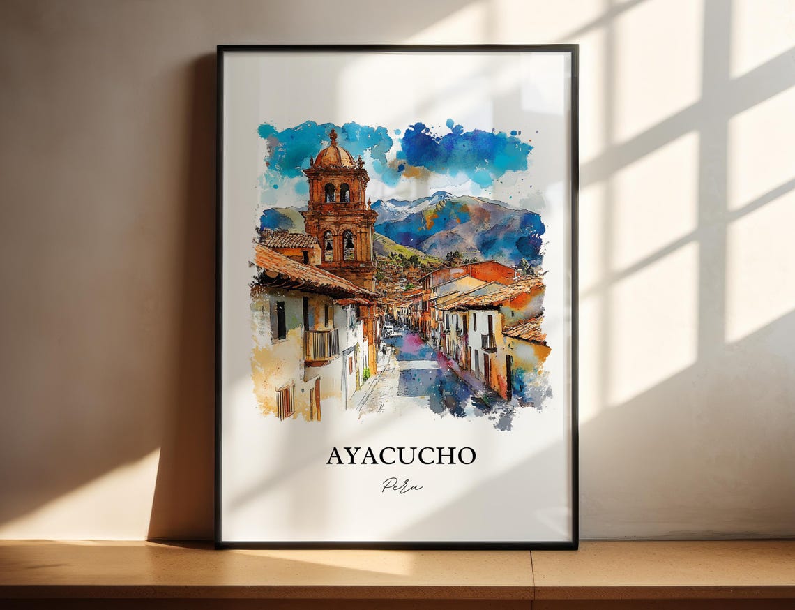 Ayacucho Peru Colonial Street Bell Tower Andes Watercolor Poster