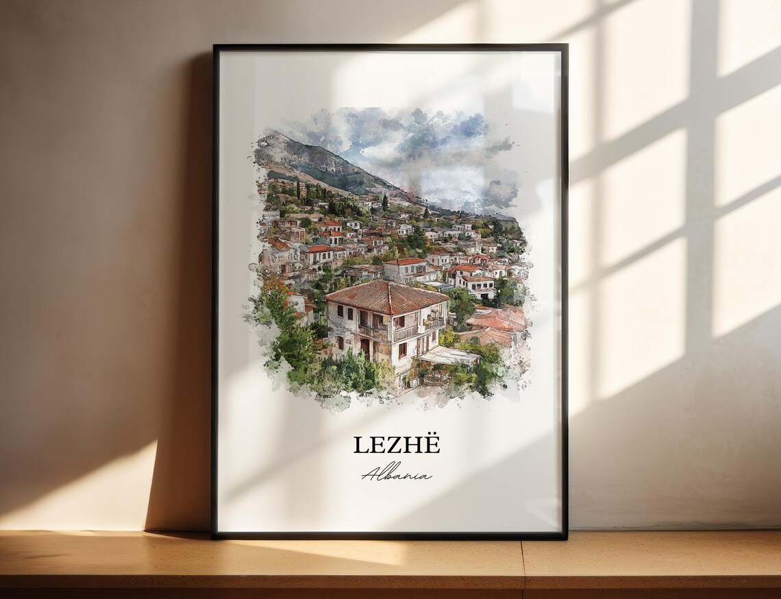 Lezhe Albania Hillside Town Watercolor Skyline Travel Art Wall Print