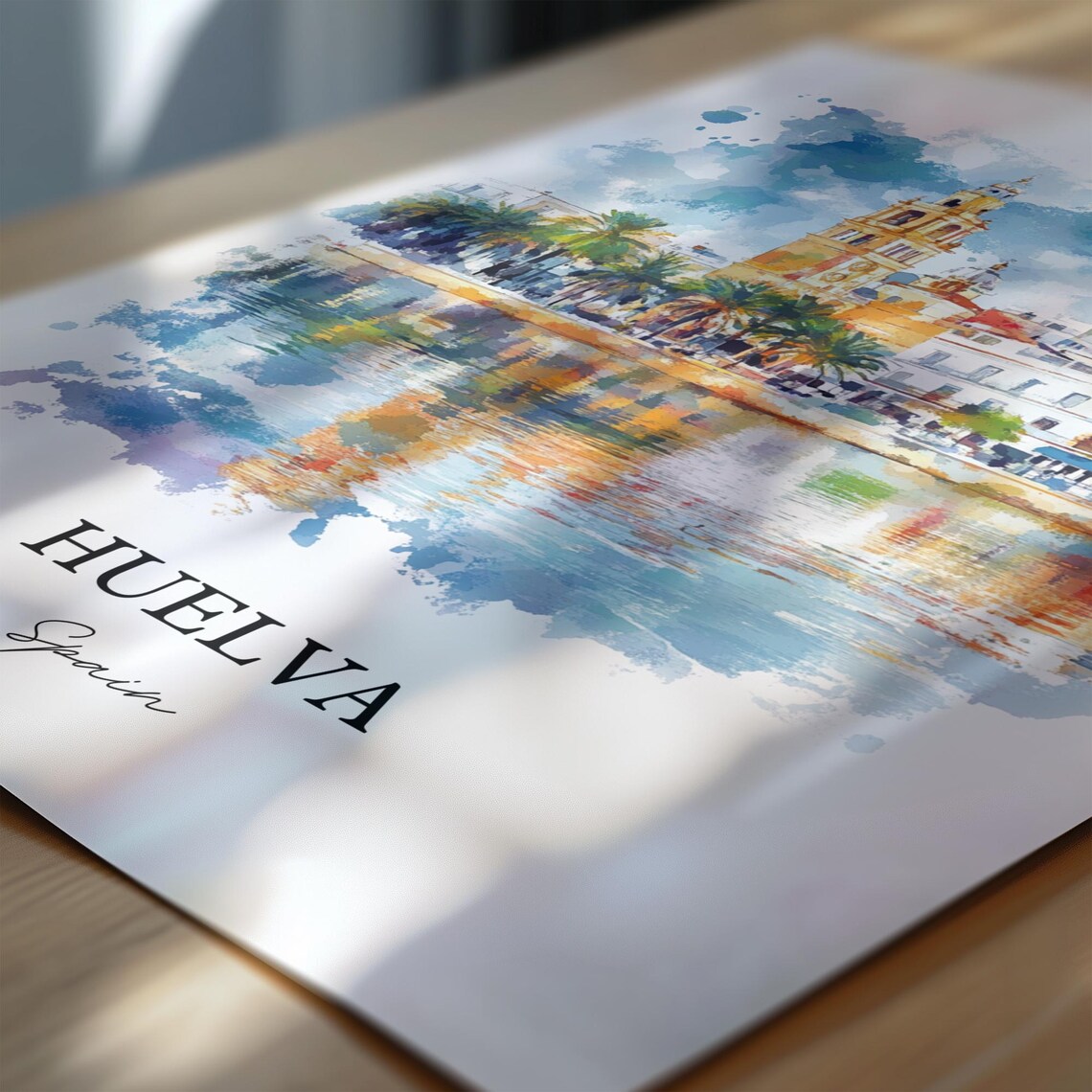 Huelva Spain Waterfront Palms Bell Tower Watercolor Travel Poster - Image 6