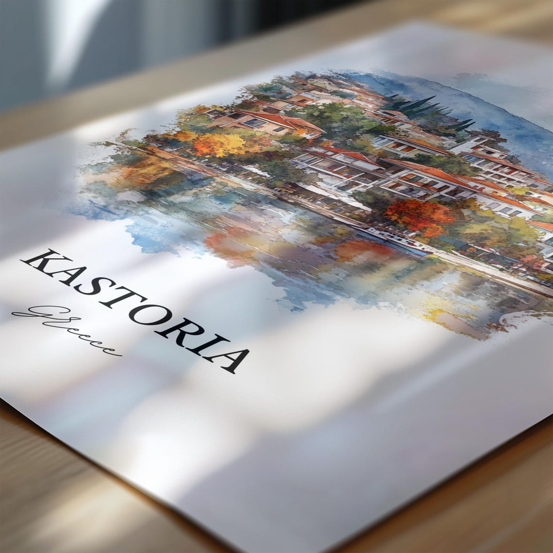 Kastoria Greece Watercolor Lakeside Town Mountain Reflection Poster - Image 6