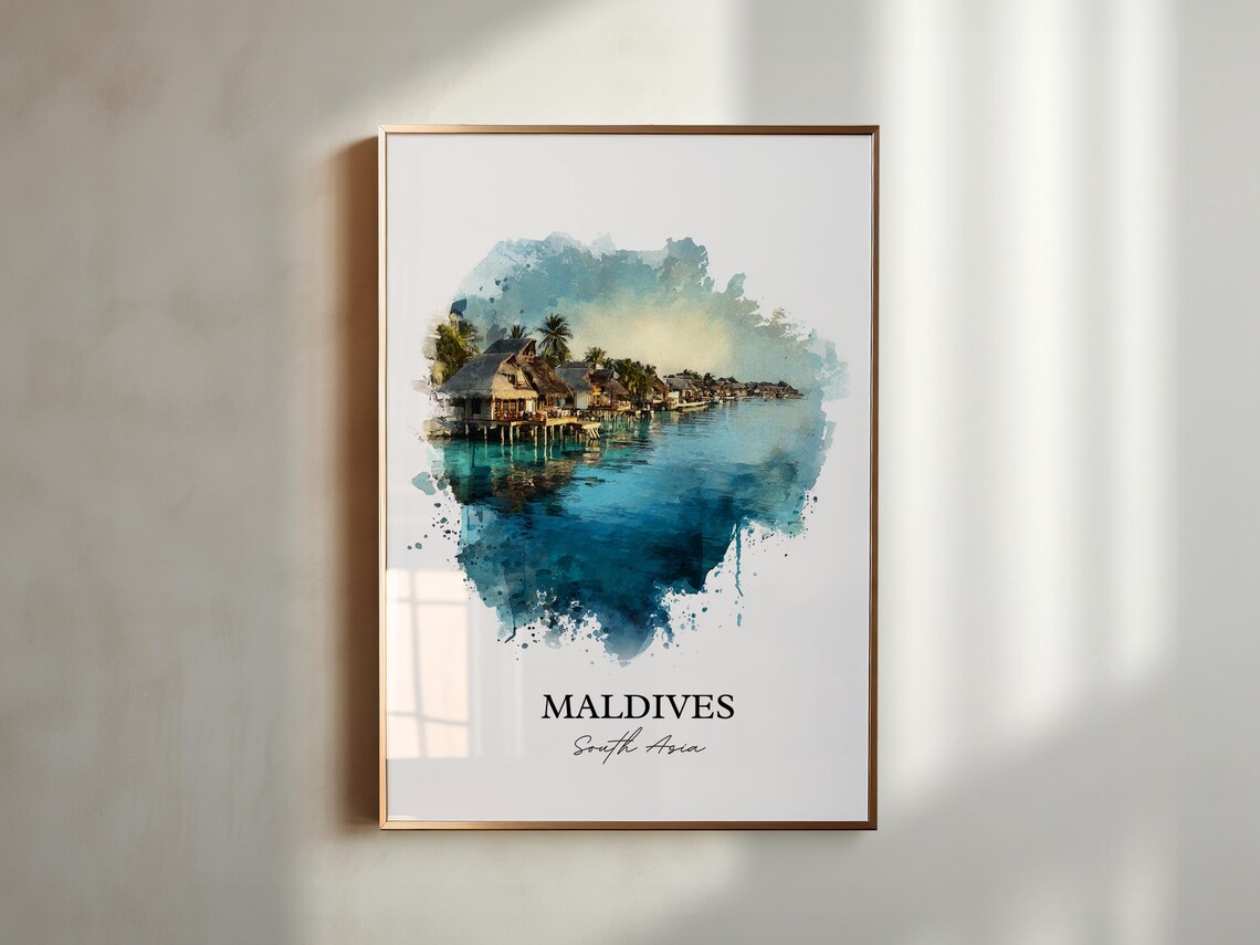 Maldives South Asia Overwater Bungalows Lagoon Watercolor Poster - Image 6