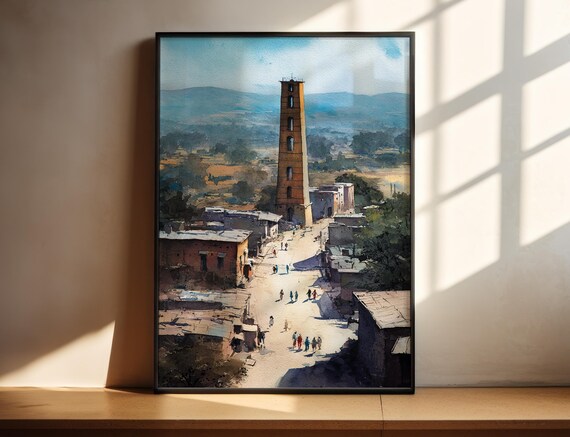 Axum Ethiopia Watercolor Ancient Tower Village Travel Art Poster