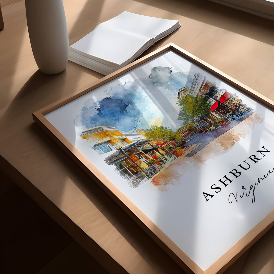 Ashburn Virginia Watercolor Pedestrian Shopping Street Scene Poster - Image 5