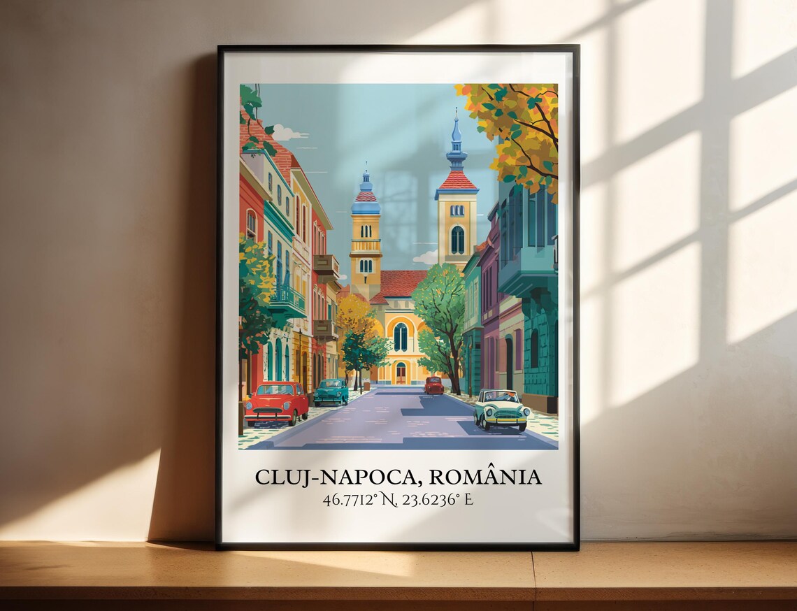 Cluj-Napoca Romania Vintage Street Church Retro Travel Art Poster