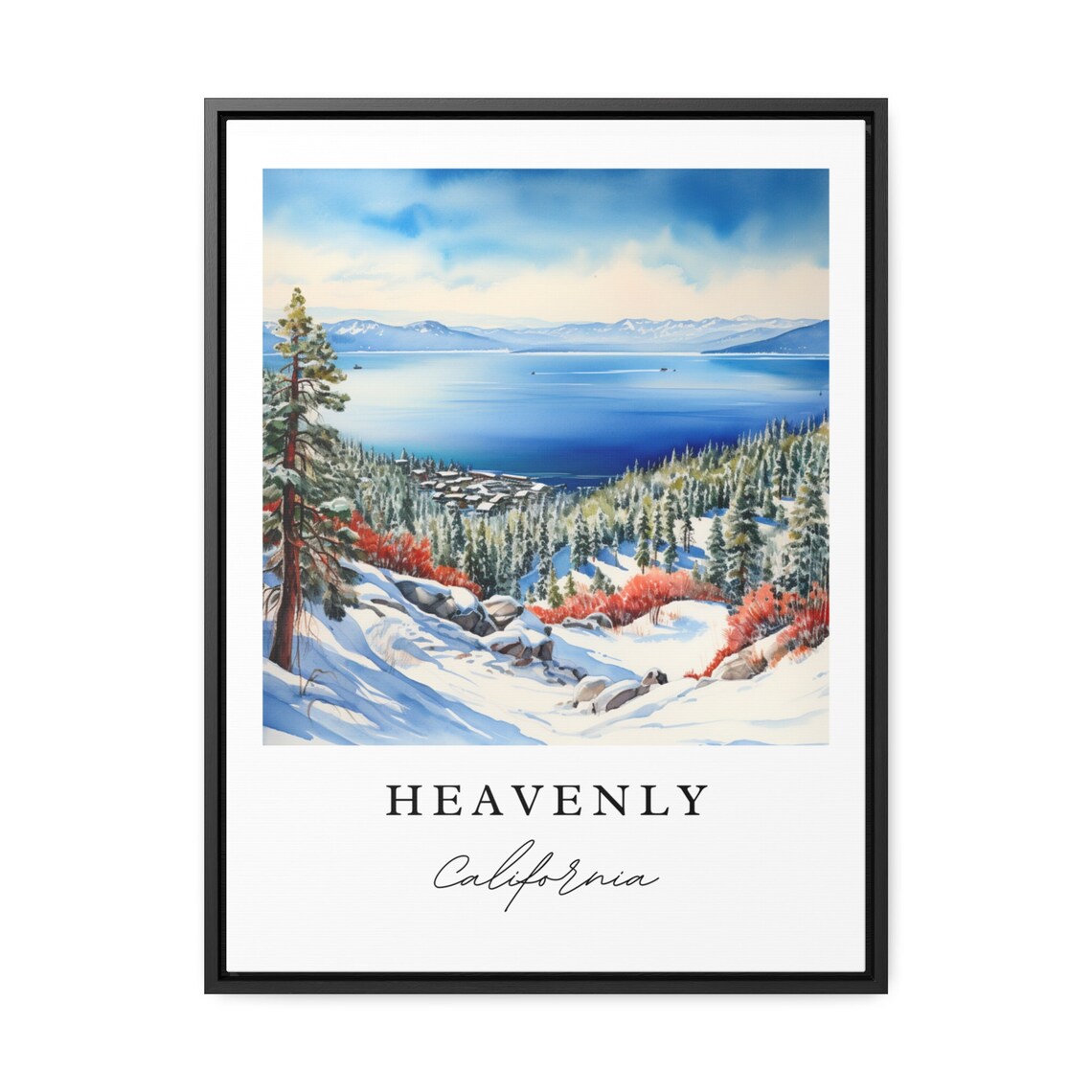 Heavenly California Watercolor Lake Tahoe Snowy Pines Ski View Poster - Image 2