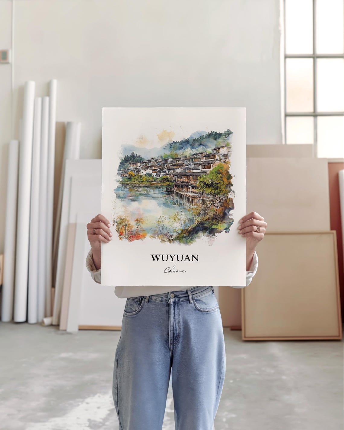 Wuyuan China Watercolor Ancient Water Town Lake Reflection Poster - Image 2