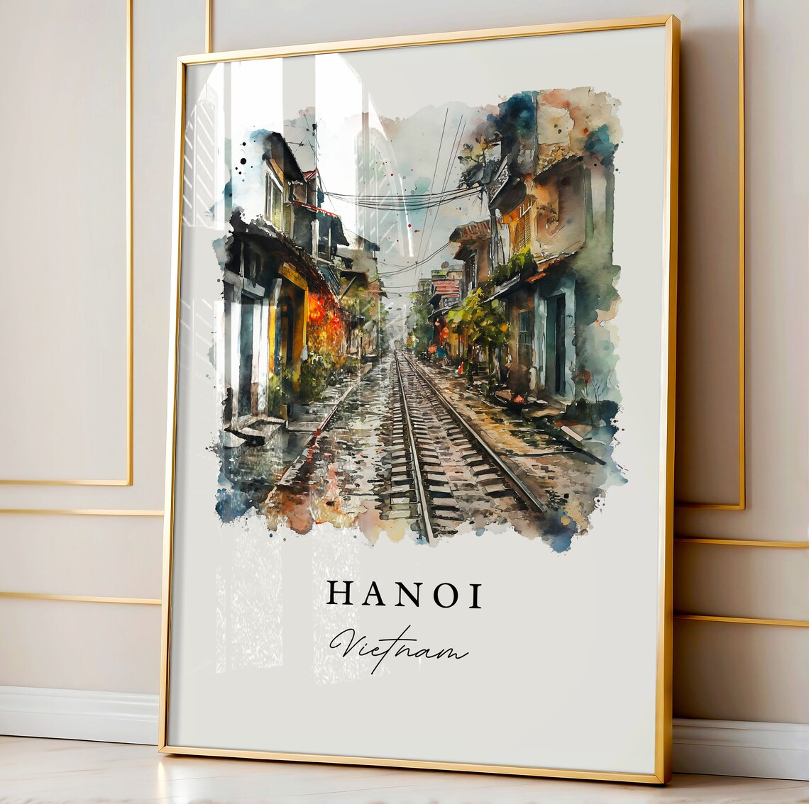 Hanoi Vietnam Watercolor Train Street Old Quarter Scene Poster - Image 4