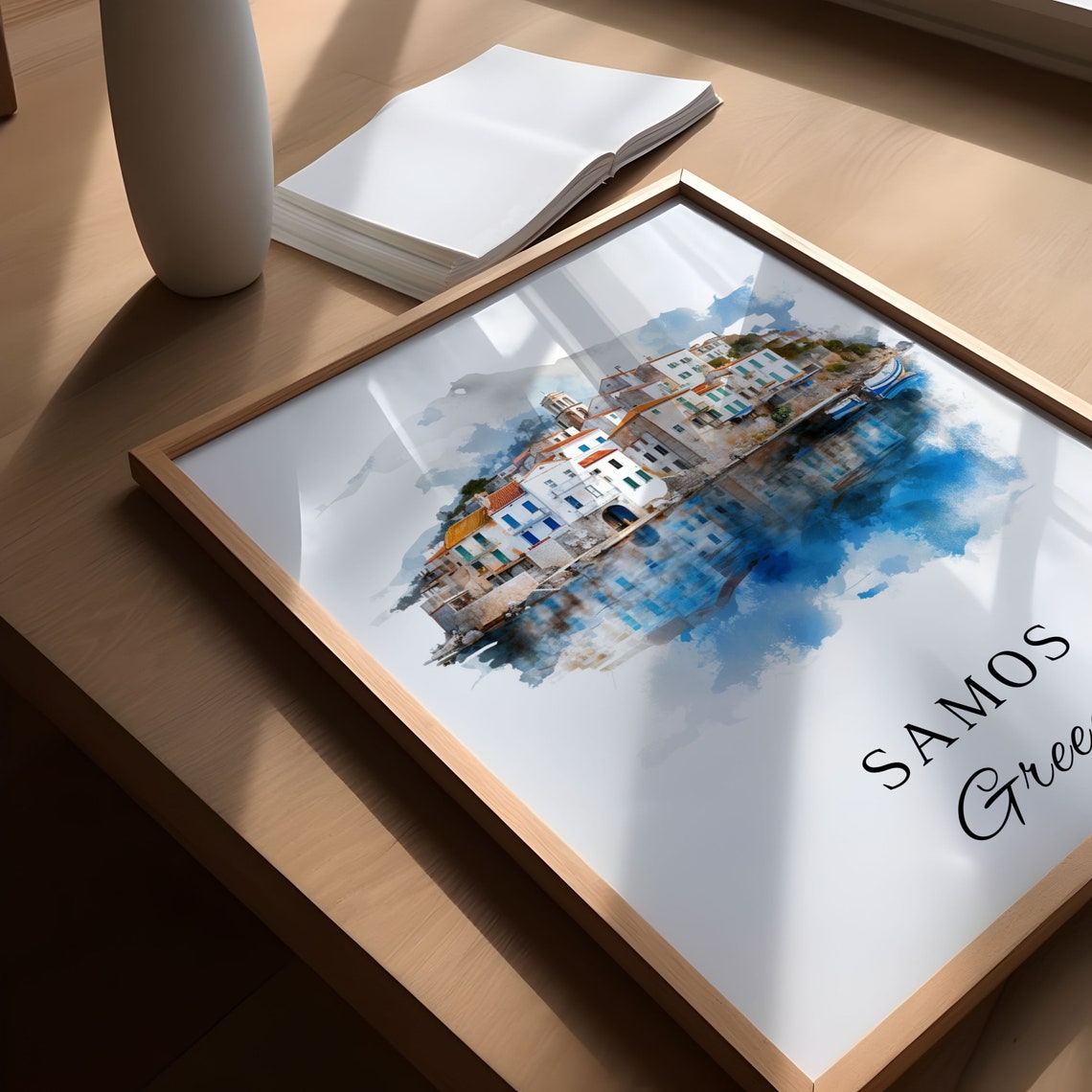 Samos Greece Harbor Town Reflection Watercolor Island Travel Poster - Image 5