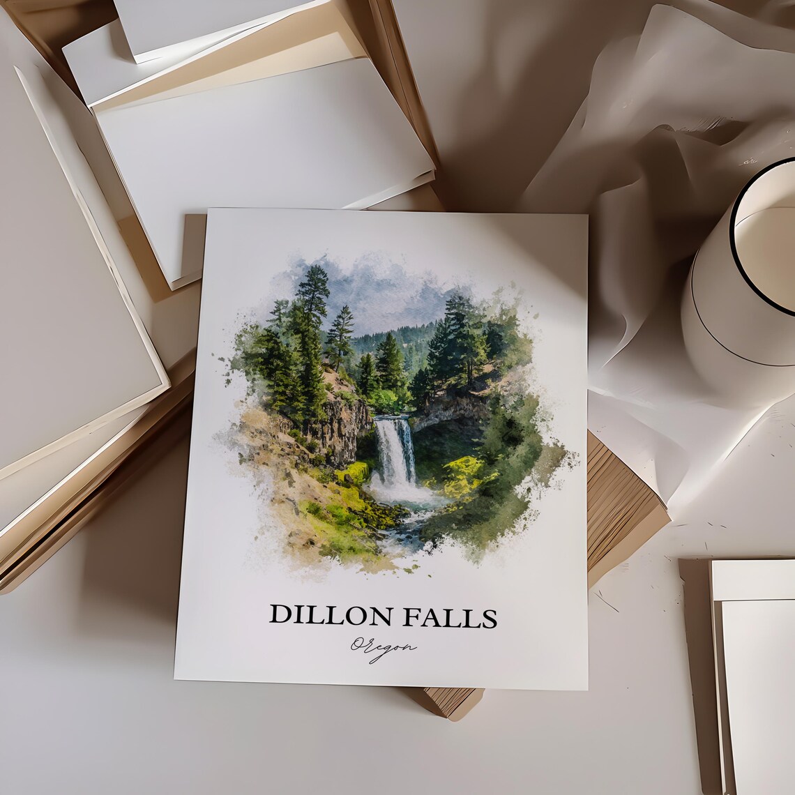 Dillon Falls Oregon Forest Waterfall Watercolor Nature Poster - Image 5