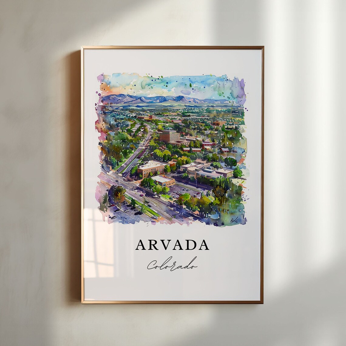 Arvada Colorado Watercolor Aerial City Mountain View Scene Poster