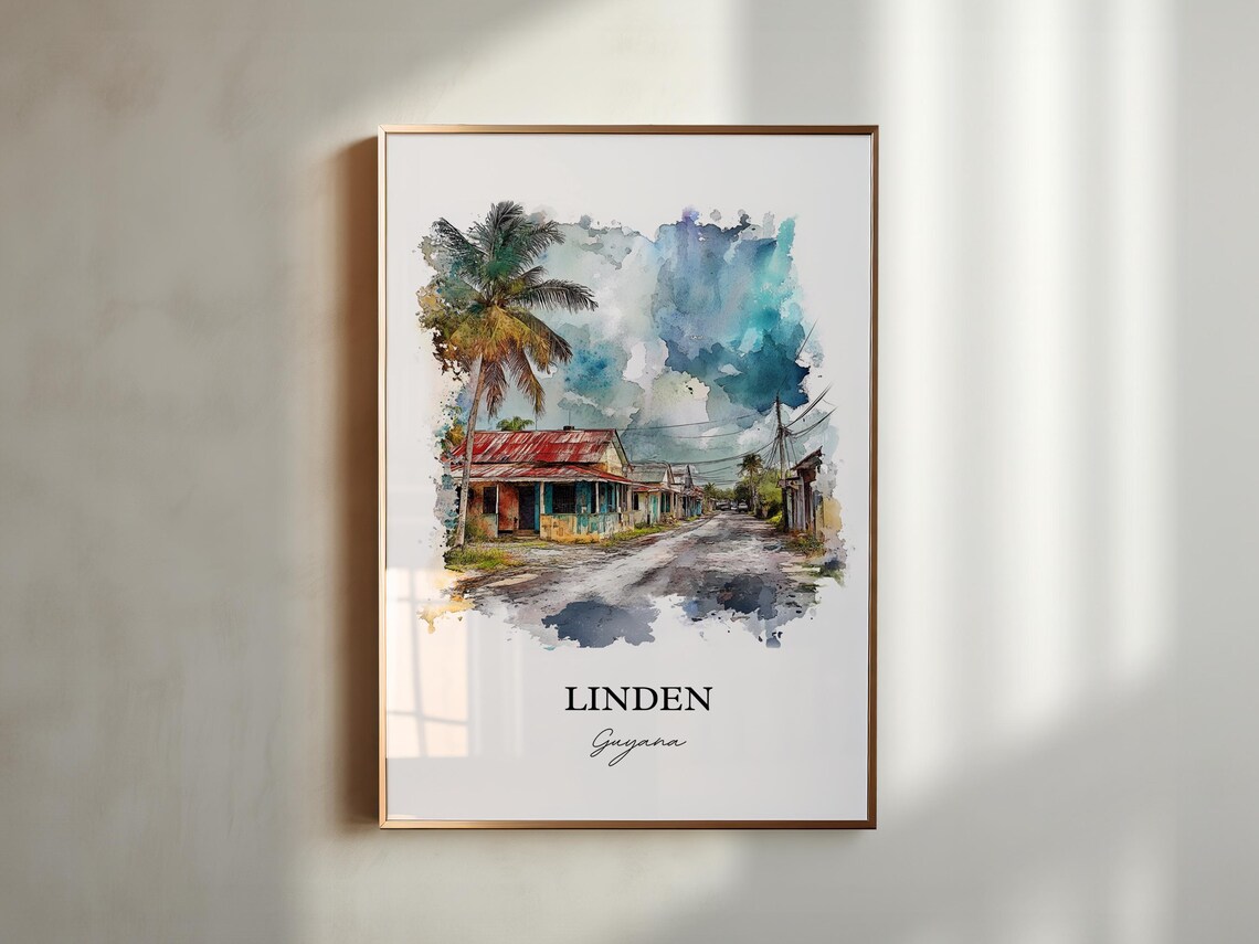 Linden Guyana Watercolor Tropical Street Palm Houses Scene Poster - Image 6