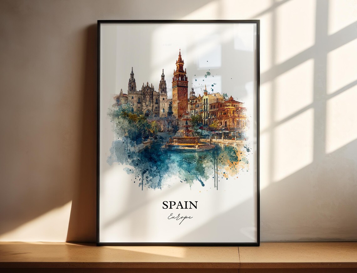 Spain Europe Seville Cathedral Giralda Watercolor Travel Poster