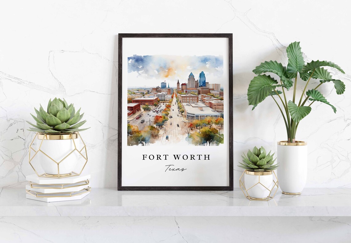 Fort Worth Texas Downtown Watercolor Skyline Street Scene Art Poster
