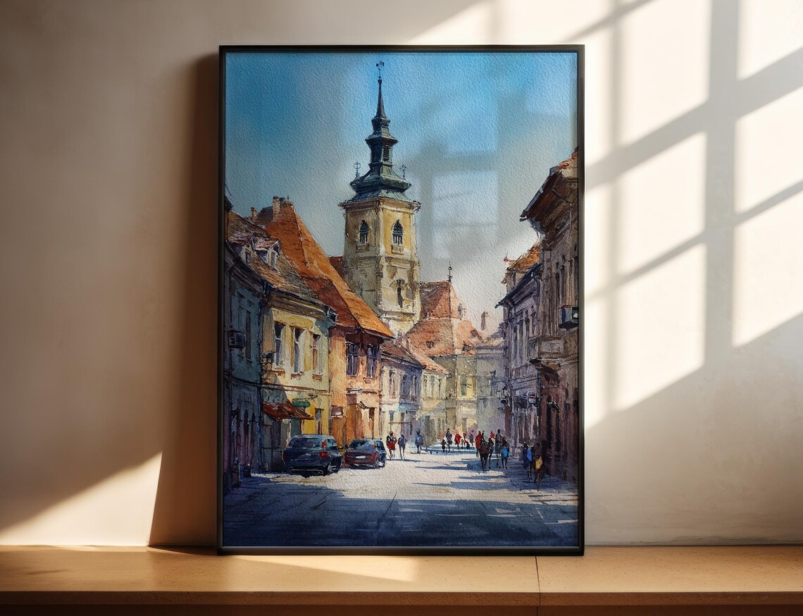Charming Historic Old Town Street Church Tower Watercolor Art Poster