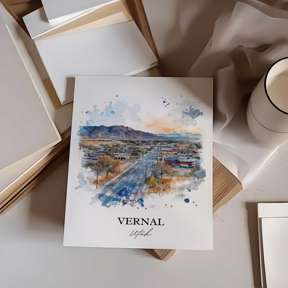 Vernal Utah Desert Mountain Aerial Watercolor Travel Gift Poster - Image 2
