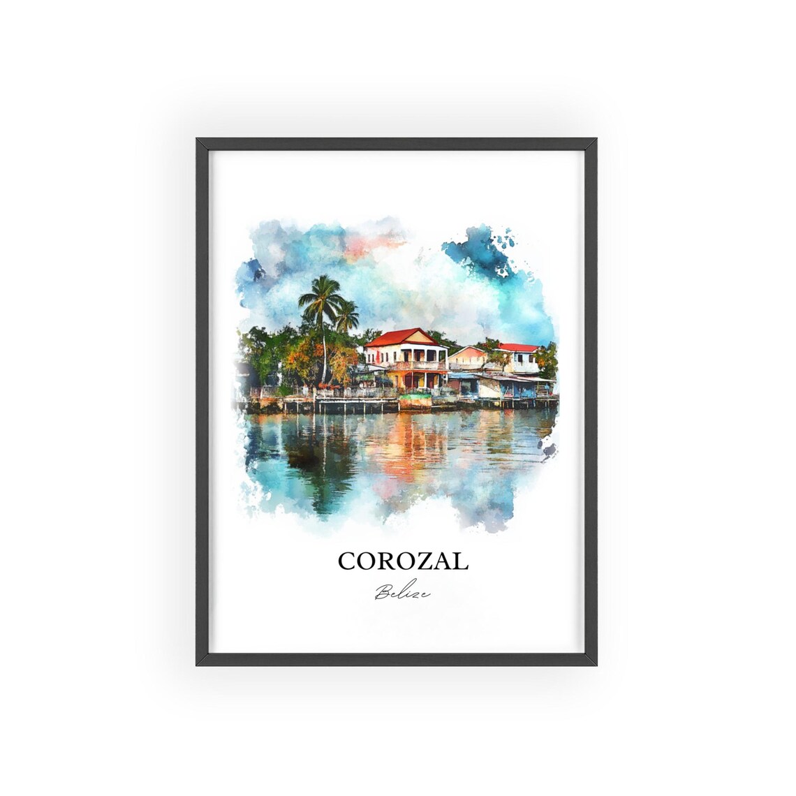 Corozal Belize Watercolor Waterfront Houses Lagoon Scene Poster - Image 2