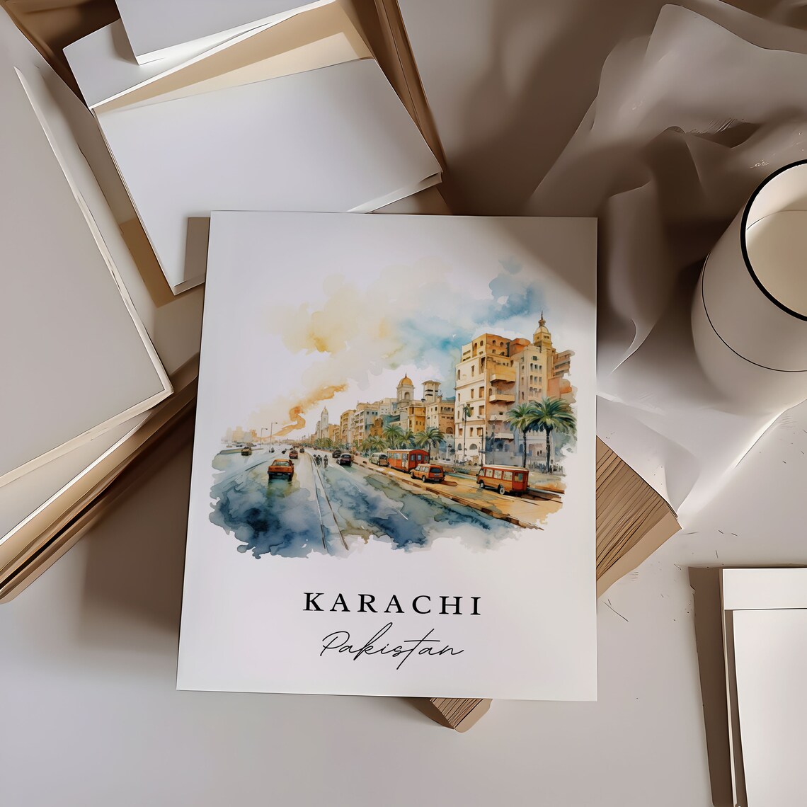 Karachi Pakistan Watercolor Colonial Avenue Palm Street Poster - Image 6