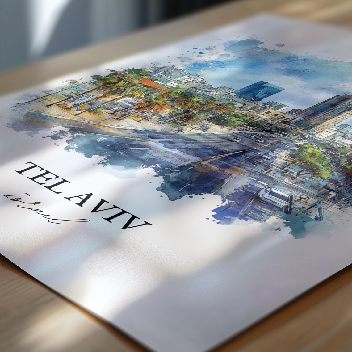 Tel Aviv Israel Watercolor Palm Avenue City Skyline Travel Poster - Image 6