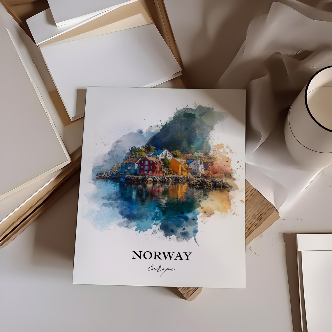 Norway Fishing Village Colorful Cabins Watercolor Fjord Poster - Image 2