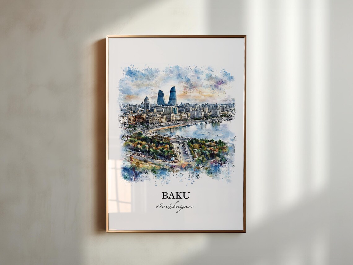 Baku Azerbaijan Bay Skyline Flame Towers Watercolor Travel Poster - Image 2