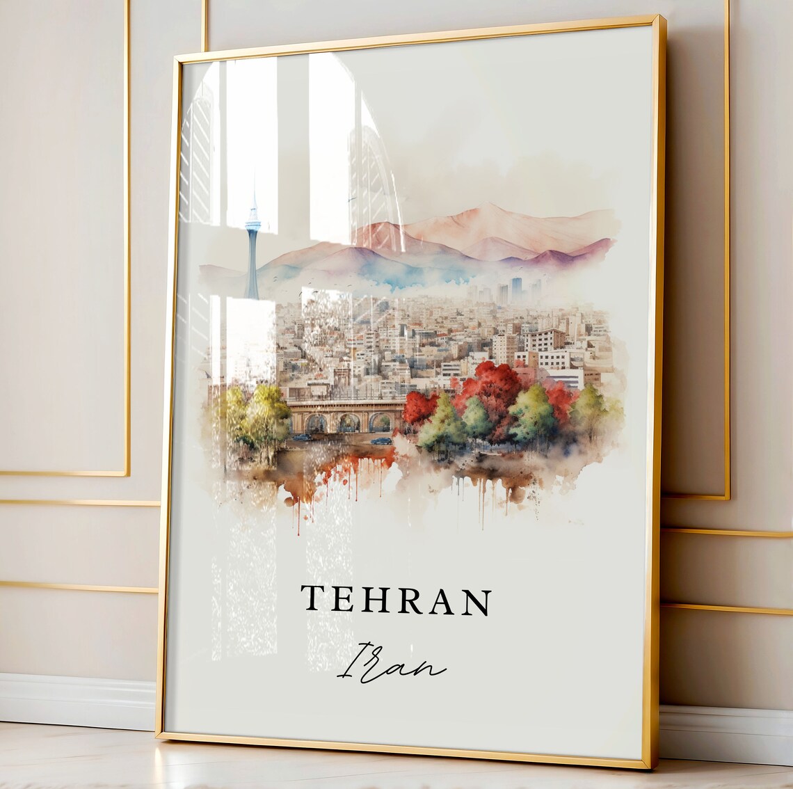 Tehran Iran Watercolor Skyline Milad Tower Mountain City Poster - Image 3