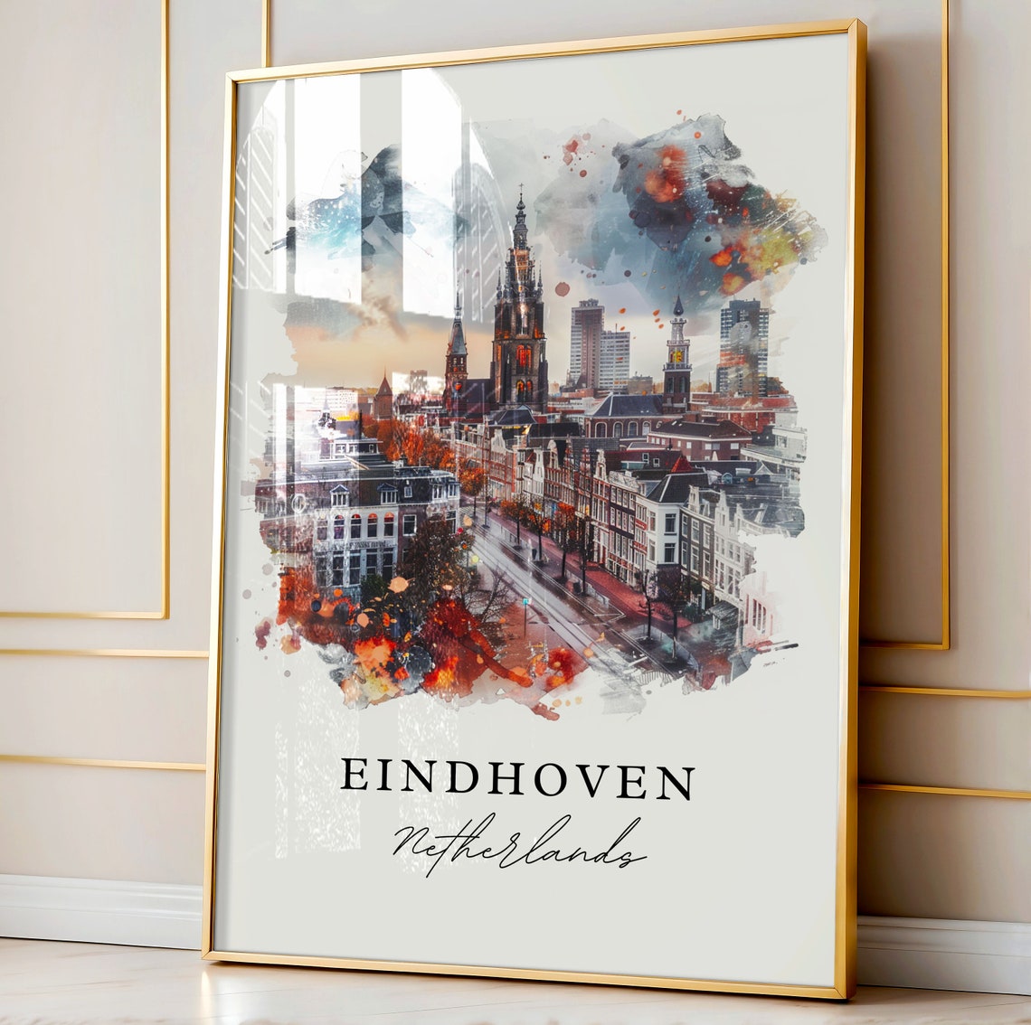 Eindhoven Netherlands Watercolor City Skyline Church Tower Poster - Image 4