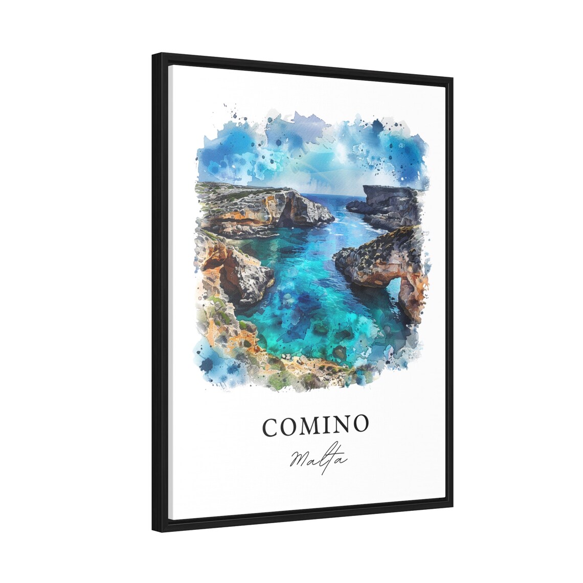 Comino Malta Turquoise Lagoon Cove Island Watercolor Travel Poster - Image 2