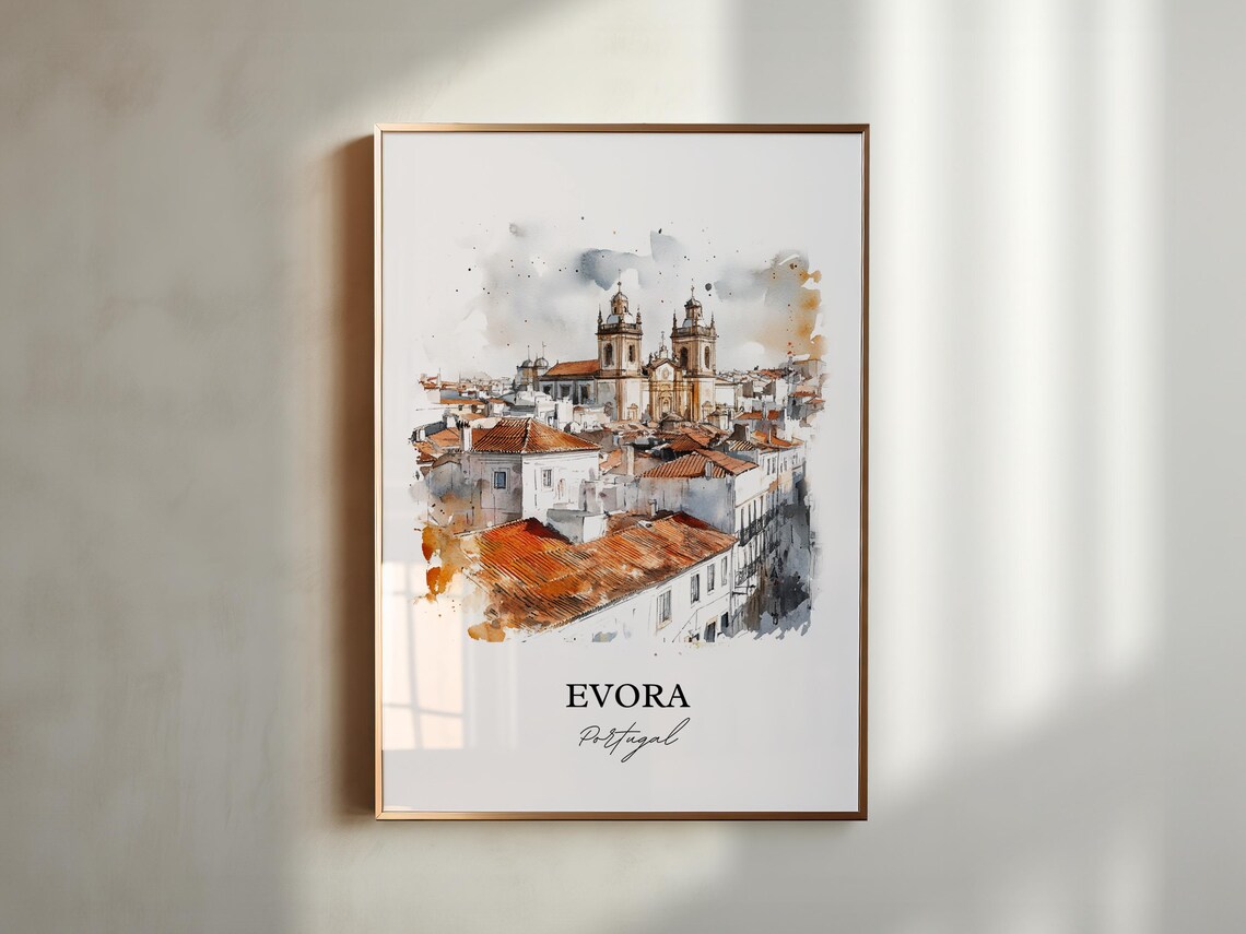 Evora Portugal Watercolor Rooftops Church Towers Historic Town Poster - Image 5