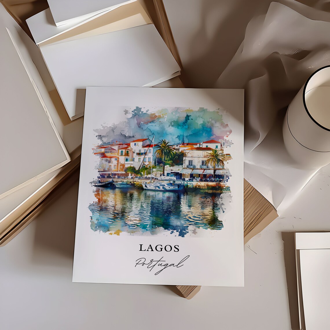 Lagos Portugal Algarve Marina Palm Harbor Watercolor Town Poster - Image 6