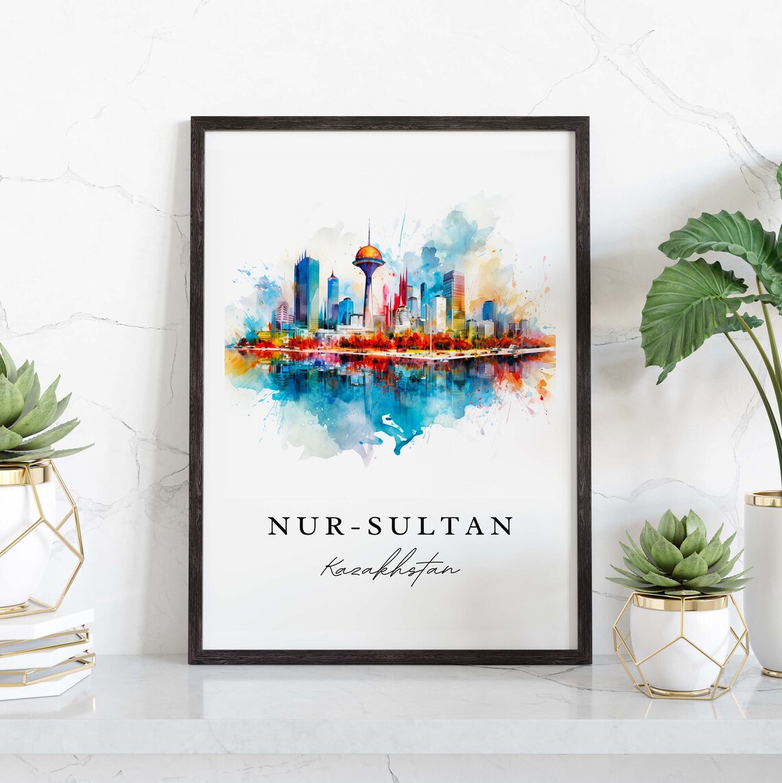 Nur Sultan Kazakhstan Watercolor Modern Skyline Golden Sphere Tower Poster - Image 4
