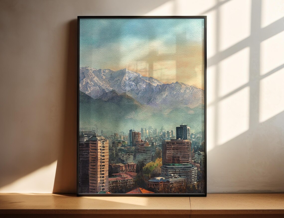 Santiago Chile Cityscape Watercolor Poster with Snowy Andes Peaks